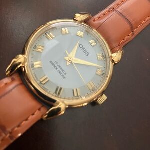 Oris Gold Case with Tan Leather Strap Men's Watch 36mm hand wind vintage NOS